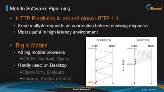 Mobile Software: Pipelining

     •  HTTP Pipelining is around since HTTP 1.1
      •  Send multiple requests on connection before receiving response
      •  Most useful in high latency environment

     •  Big in Mobile
      •  All big mobile browsers
          • iOS 5+, Android, Opera
      •  Hardly used on Desktop
          • Opera Only (Default)
          • Chrome, Firefox (Opt-in)

49                                     Faster ForwardTM             ©2012 Akamai
 