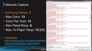 Network Capture

•  Samsung Galaxy S
  •  Max Conn: 12
  •  Conn Per Host: 12
  •  Max Piped Reqs: 6
  •  Max “In-Flight” Reqs: 72 (!!!)

•    Full Details:
     http://www.guypo.com/technical/http-pipelining-
     request-distribution-algorithms/

50                                   Faster ForwardTM   ©2012 Akamai
 