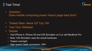 Test Time!

•  Question:
   Does mobile computing power impact page load time?

•  Tested Sites: Alexa US Top 100
•  Test ...