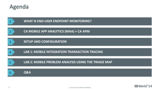 3 
© 2014 CA. ALL RIGHTS RESERVED. 
Agenda 
WHAT IS END-USER ENDPOINTMONITORING? 
CA MOBILE APP ANALYTICS (MAA) + CA APM 
Q&A 
SETUP AND CONFIGURATION 
LAB 1: MOBILE INTEGRATION TRANSACTION TRACING 
LAB 2: MOBILE PROBLEM ANALYSIS USING THE TRIAGE MAP 
1 
2 
3 
4 
5 
6  
