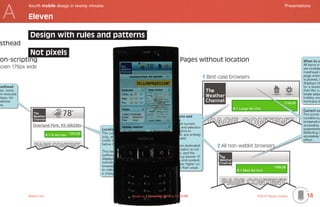 A
    4ourth mobile design in twenty minutes	                                                           Presentations

    Eleven

     Design with rules and patterns

     Not pixels




    Mobile-Intro	                             Saved on 2 November 2010 at 11:28 PM	   ©2010 Steven Hoober        14
 