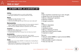 A
    4ourth mobile design in twenty minutes	                                                                                                          Presentations

    Web or App?

     ...or both? Wait, or a service? Or?

    Utility:                                                                                Web
    •	 To reach the broadest audience, you need a mobile website.
    •	 Apps require maintenance, can rarely be ported well or easily.
                                                                                            •	 Runs anywhere (customize if you want, though).
                                                                                            •	 Always has to be connected (for now).
    Need:                                                                                   •	 Mercy or blessing of operators.
    •	 Repeated use, deep information is an app.
    •	 Quick hits, rare usage is an app.                                                    •	 Revenue models?
    •	 Towtruck and accident apps are stupid. What do your users really need?               •	 Google is powerful.
    Marketability:                                                                          App
    •	 Even if free, apps are functionally products. If you have customers instead of
       viewers, maybe an app is the way to go. Else, you are a website.                     •	 Platform dependent.
    •	 Apps that are just installable websites are rejected by users. Be careful.           •	 Always works.
    Content:                                                                                •	 Hardware access.
    •	 Apps work offline. Websites must be connected.                                       •	 Mercy or blessing of stores.
    •	 But make sure your data is fresh.
    •	 And app engines have limits on storage. How much data do you have?
                                                                                            •	 May have limited revenue models.
                                                                                            •	 Important to keep?
    Availability:
    •	 Watch the analytics. If getting lots of web traffic, make a website.                 Services
    •	 How can people discover your app? They can get desktop, and pre app-store
       platforms did fine. Can your website sell your apps?
                                                                                            •	 Network related (BBM) or super-universal (SMS).
                                                                                            •	 Low learning curve.
    Cost:                                                                                   •	 Minimal ability to teach or discover.
    •	 Mobile web is much cheaper (50-80% of a desktop site), including fitting to
       multiple device types.                                                               •	 Viral, but only viral.
    •	 Apps are much more expensive, and that’s per platform. Very, very, very few
       app providers are making money in even Apple’s store.




    Mobile-Intro	                                                       Saved on 2 November 2010 at 11:28 PM	                        ©2010 Steven Hoober        2
 