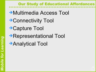 Our Study of Educational Affordances Multimedia Access Tool Connectivity Tool Capture Tool Representational Tool Analytical Tool 
