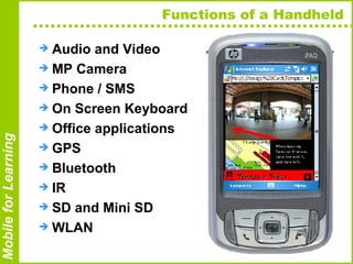Functions of a Handheld  Audio and Video  MP Camera Phone / SMS On Screen Keyboard Office applications GPS Bluetooth IR SD and Mini SD WLAN 