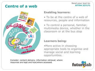 Centre of a web Enabling learners: To be at the centre of a web of resources, people and information To control a personal, familiar, multimedia device, whether in the classroom or at the bus stop Learners being: More active in choosing appropriate tools to organise and manage social and learning opportunities. Consider: content delivery, information retrieval; where resources are kept and how/where accessed. Send your text to:   07794 327171 