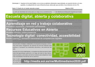 Escuela digital, abierta y colaborativa
Conectivismo
Aprendizaje en red y trabajo colaborativo
Educación expandida y forma...