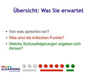 Übersicht: Was Sie erwartet


●
●   Von was sprechen wir?
●
●   Was sind die kritischen Punkte?
●
●   Welche Schlussfolgerungen ergeben sich
    daraus?
 