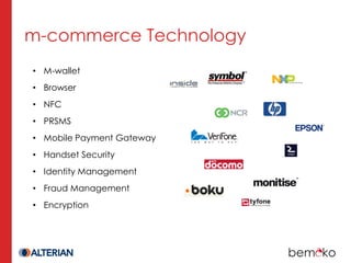 m-commerce Technology
• M-wallet
• Browser
• NFC
• PRSMS
• Mobile Payment Gateway
• Handset Security
• Identity Management
• Fraud Management
• Encryption
 
