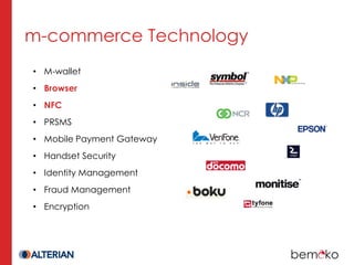 m-commerce Technology
• M-wallet
• Browser
• NFC
• PRSMS
• Mobile Payment Gateway
• Handset Security
• Identity Management
• Fraud Management
• Encryption
 