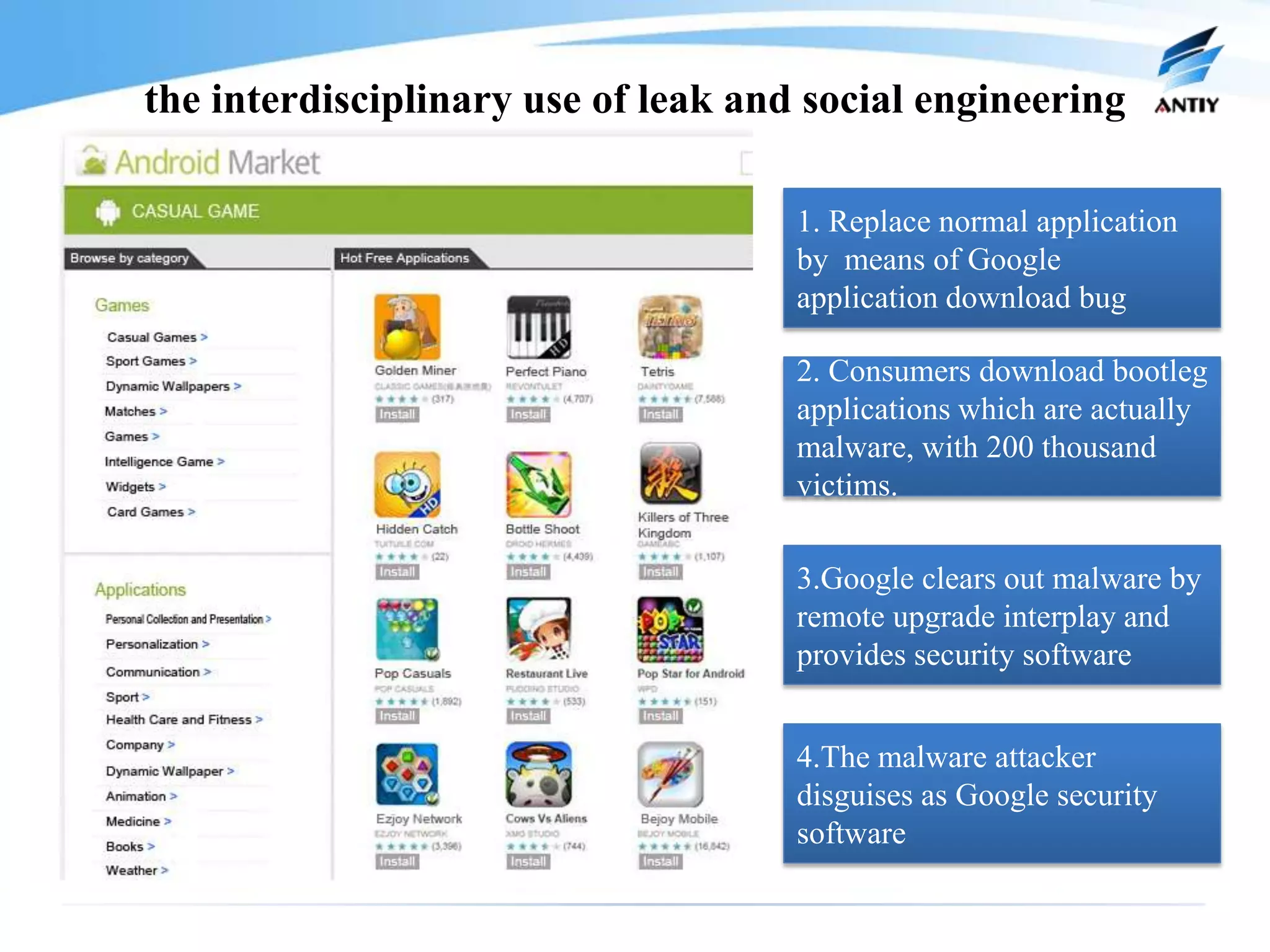 the interdisciplinary use of leak and social engineering

                                     1. Replace normal application
                                     by means of Google
                                     application download bug

                                     2. Consumers download bootleg
                                     applications which are actually
                                     malware, with 200 thousand
                                     victims.

                                     3.Google clears out malware by
                                     remote upgrade interplay and
                                     provides security software


                                     4.The malware attacker
                                     disguises as Google security
                                     software
 