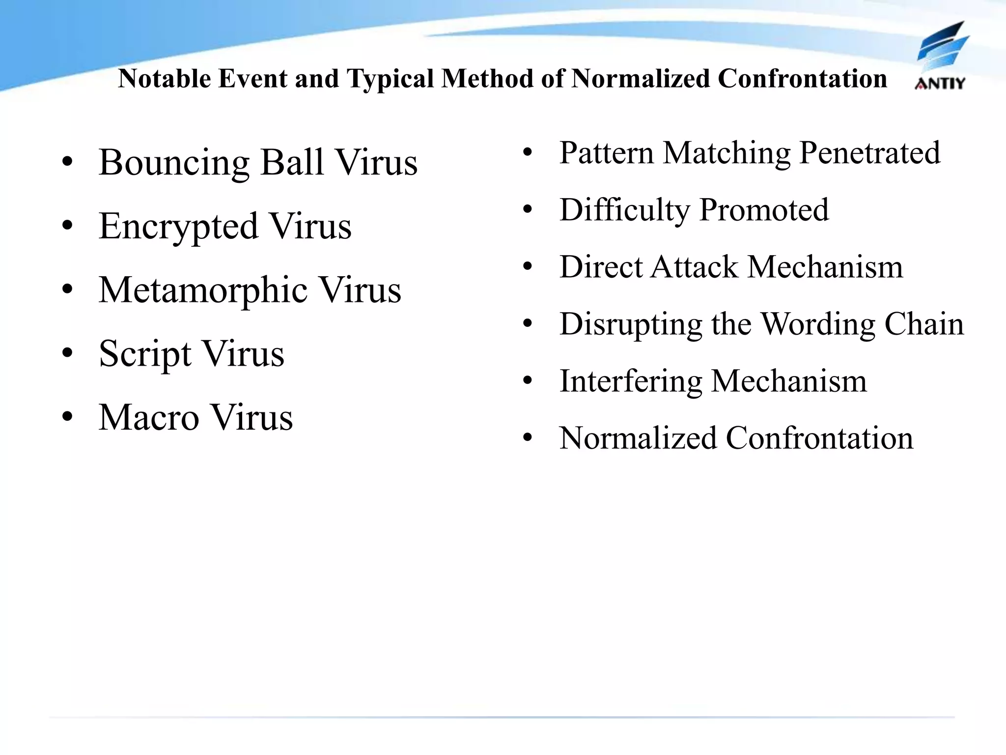 Notable Event and Typical Method of Normalized Confrontation


• Bouncing Ball Virus             • Pattern Matching Penetrated
                                  • Difficulty Promoted
• Encrypted Virus
                                  • Direct Attack Mechanism
• Metamorphic Virus
                                  • Disrupting the Wording Chain
• Script Virus
                                  • Interfering Mechanism
• Macro Virus                     • Normalized Confrontation
 