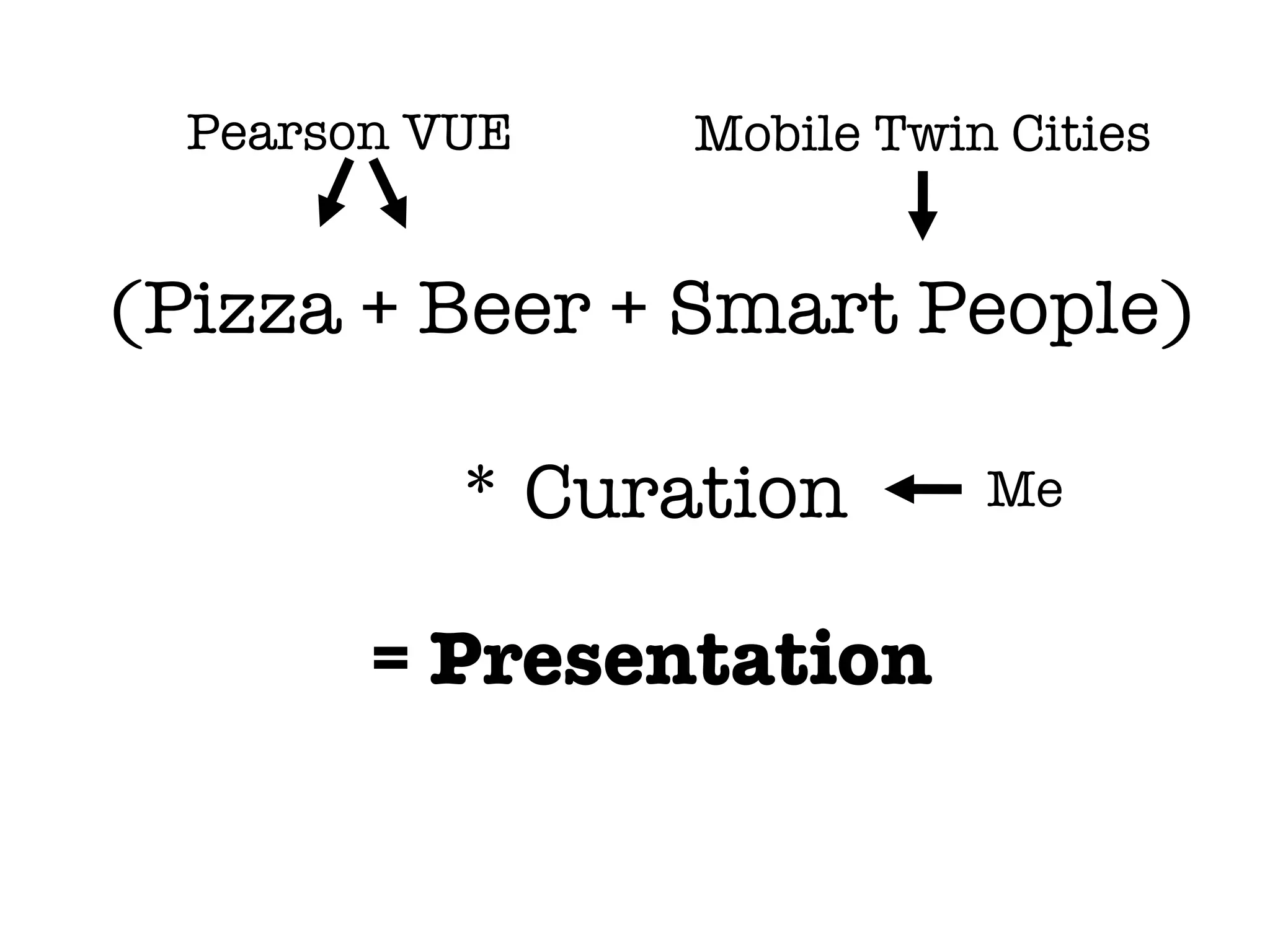Pearson VUE    Mobile Twin Cities


(Pizza + Beer + Smart People)

           * Curation       Me


        = Presentation
 