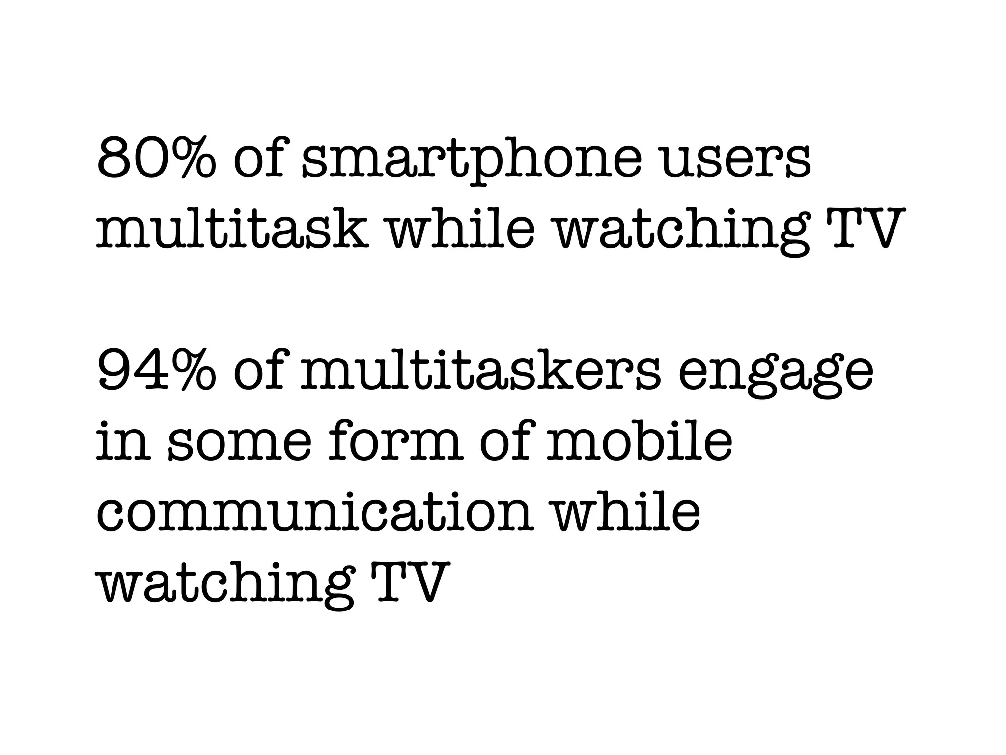 80% of smartphone users
multitask while watching TV

94% of multitaskers engage
in some form of mobile
communication while
watching TV
 