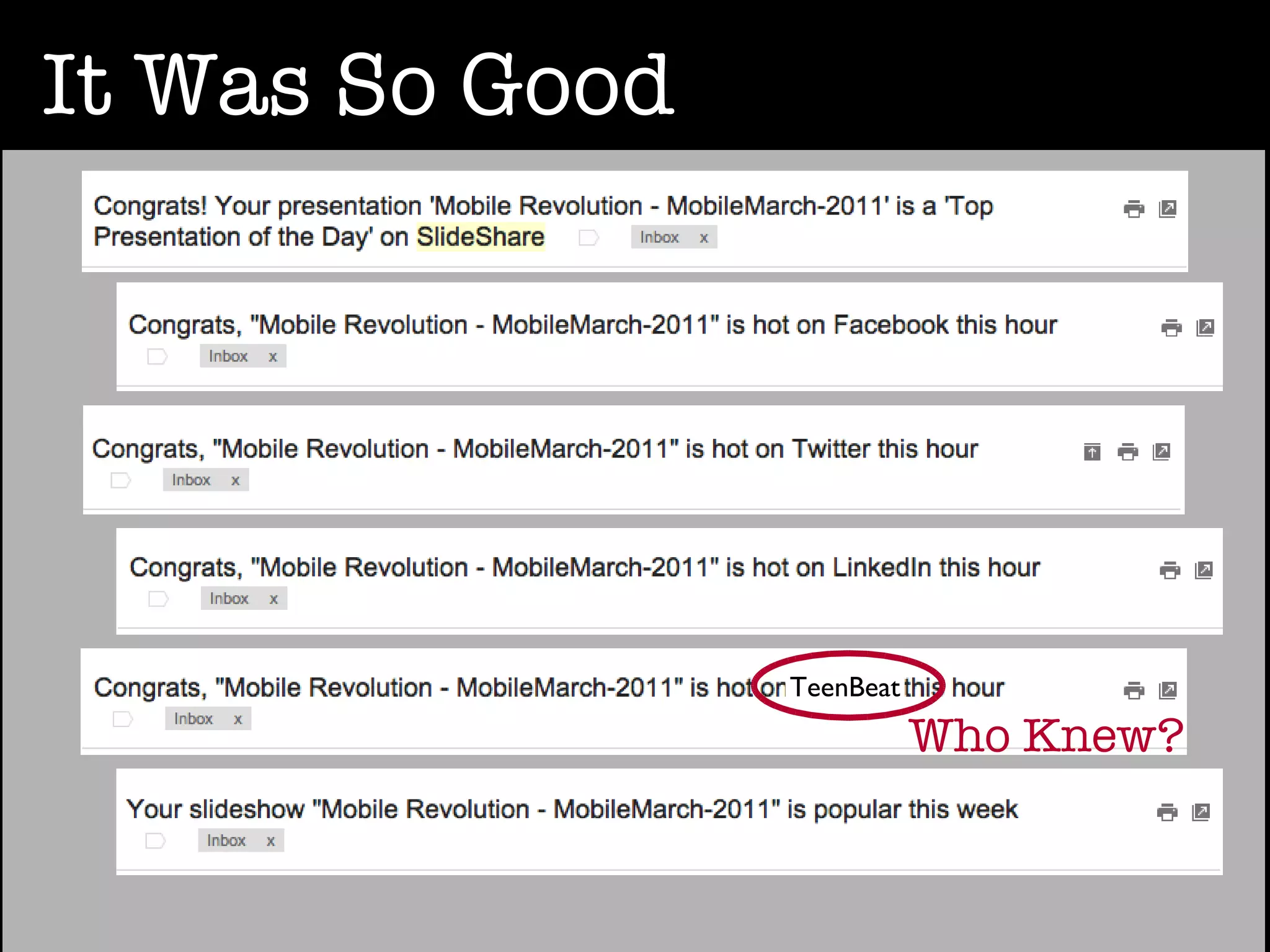 It Was So Good




                 TeenBeat
                            Who Knew?
 