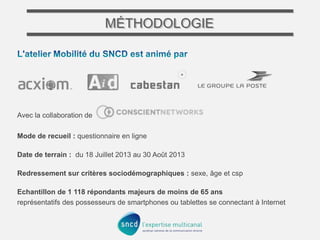 MÉTHODOLOGIE

Avec la collaboration de
Mode de recueil : questionnaire en ligne
Date de terrain : du 18 Juillet 2013 au 30 Août 2013
Redressement sur critères sociodémographiques : sexe, âge et csp

Echantillon de 1 118 répondants majeurs de moins de 65 ans
représentatifs des possesseurs de smartphones ou tablettes se connectant à Internet

 