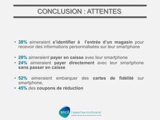 CONCLUSION : ATTENTES
CONCLUSION

• 38% aimeraient s’identifier à l’entrée d’un magasin pour
recevoir des informations personnalisées sur leur smartphone

• 28% aimeraient payer en caisse avec leur smartphone
• 24% aimeraient payer directement avec leur smartphone
sans passer en caisse
• 52% aimeraient embarquer des cartes de fidélité sur
smartphone,
• 45% des coupons de réduction

 