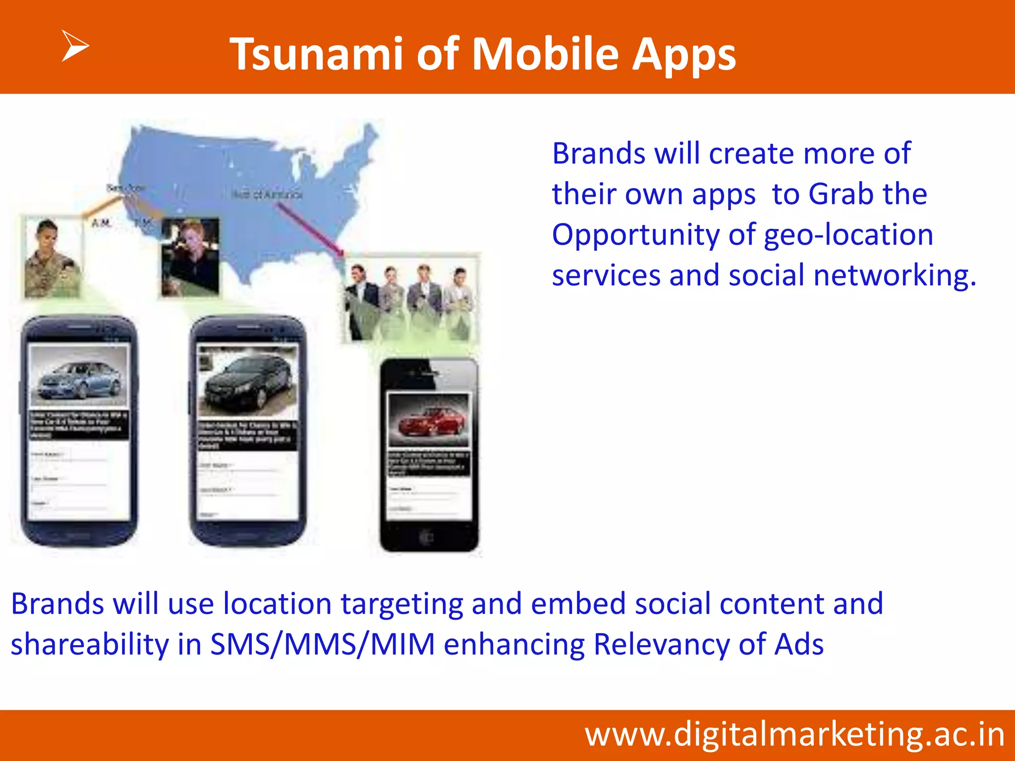            Tsunami of Mobile Apps
                                       Brands will create more of
                                       their own apps to Grab the
                                       Opportunity of geo-location
                                       services and social networking.




Brands will use location targeting and embed social content and
shareability in SMS/MMS/MIM enhancing Relevancy of Ads

                                         www.digitalmarketing.ac.in
 