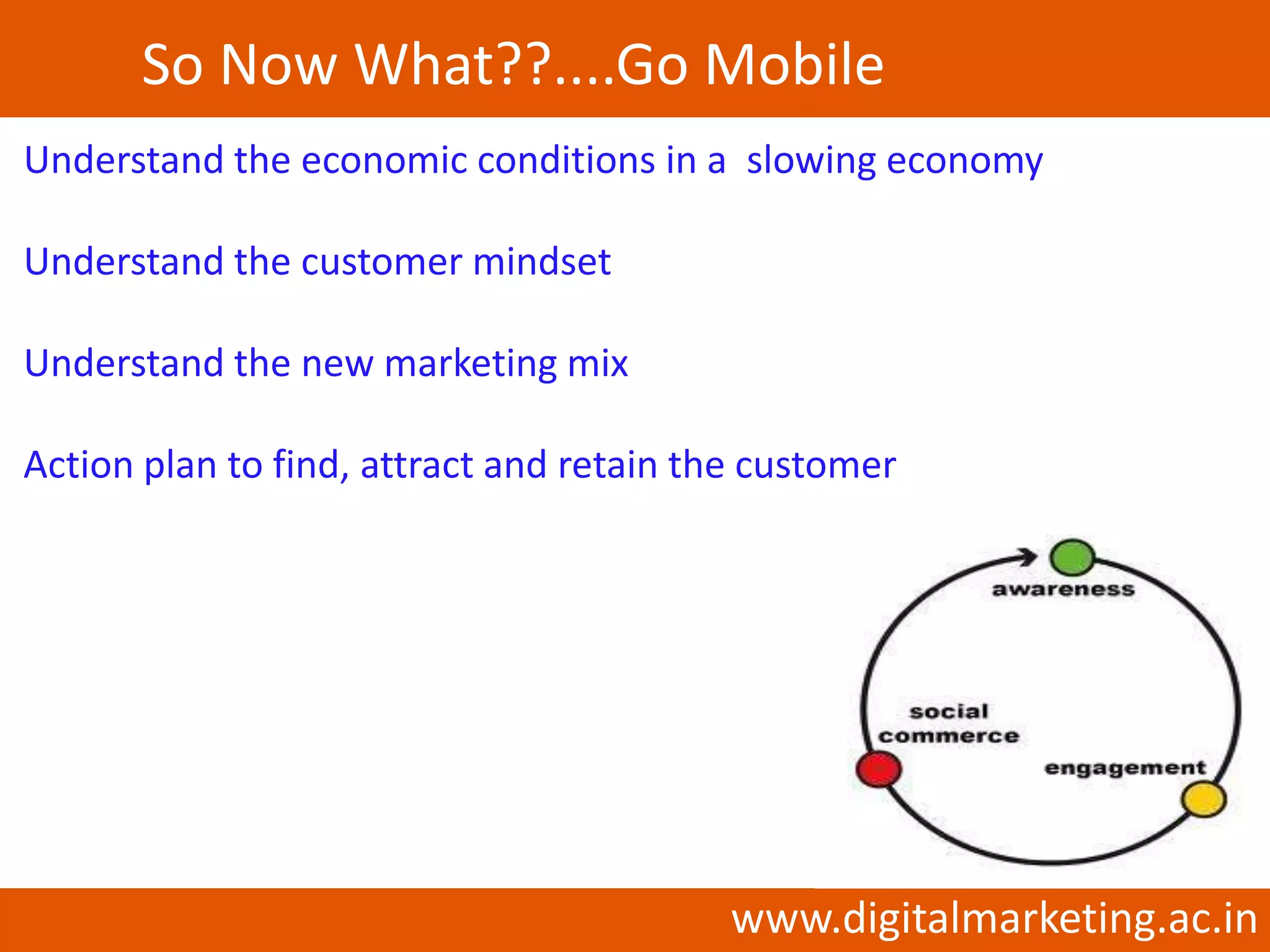 So Now What??....Go Mobile
Understand the economic conditions in a slowing economy

Understand the customer mindset

Understand the new marketing mix

Action plan to find, attract and retain the customer




                                          www.digitalmarketing.ac.in
 