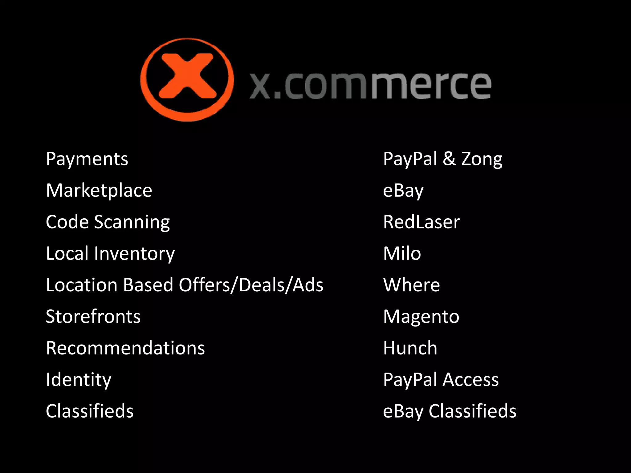 Payments                          PayPal & Zong
Marketplace                       eBay
Code Scanning                     RedLaser
Local Inventory                   Milo
Location Based Offers/Deals/Ads   Where
Storefronts                       Magento
Recommendations                   Hunch
Identity                          PayPal Access
Classifieds                       eBay Classifieds
 