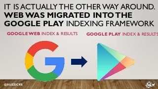 IT IS ACTUALLY THE OTHER WAY AROUND.
WEB WAS MIGRATED INTOTHE
GOOGLE PLAY INDEXING FRAMEWORK
GOOGLE PLAY INDEX & RESULTSGO...