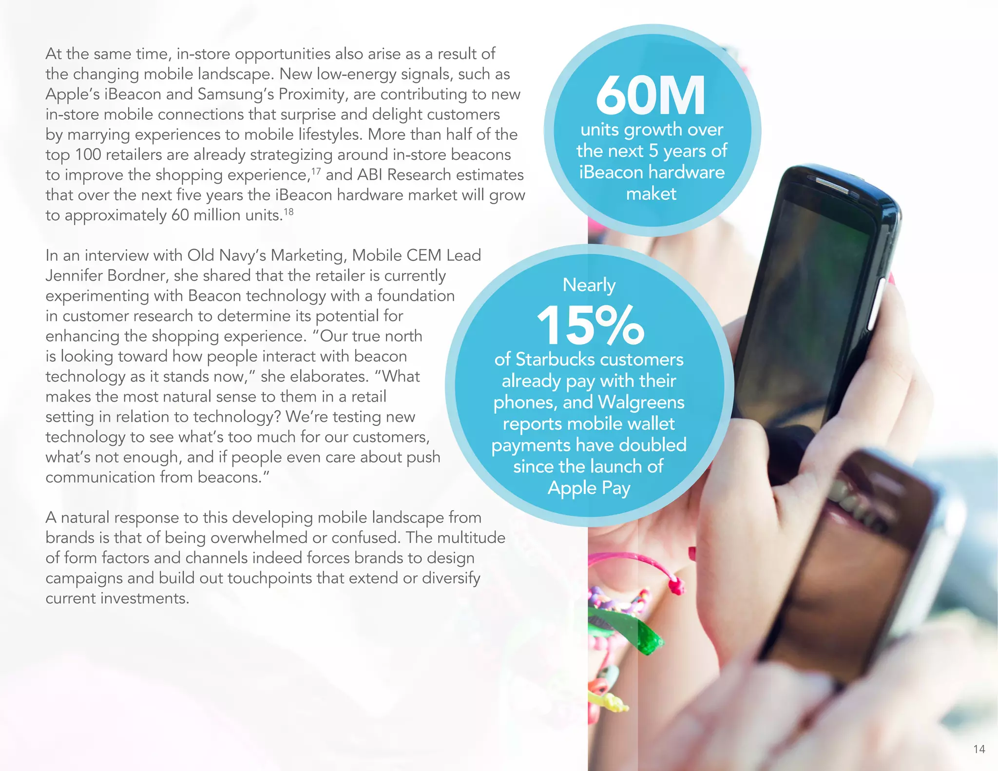 14
At the same time, in-store opportunities also arise as a result of
the changing mobile landscape. New low-energy signals, such as
Apple’s iBeacon and Samsung’s Proximity, are contributing to new
in-store mobile connections that surprise and delight customers
by marrying experiences to mobile lifestyles. More than half of the
top 100 retailers are already strategizing around in-store beacons
to improve the shopping experience,17
and ABI Research estimates
that over the next five years the iBeacon hardware market will grow
to approximately 60 million units.18
In an interview with Old Navy’s Marketing, Mobile CEM Lead
Jennifer Bordner, she shared that the retailer is currently
experimenting with Beacon technology with a foundation
in customer research to determine its potential for
enhancing the shopping experience. “Our true north
is looking toward how people interact with beacon
technology as it stands now,” she elaborates. “What
makes the most natural sense to them in a retail
setting in relation to technology? We’re testing new
technology to see what’s too much for our customers,
what’s not enough, and if people even care about push
communication from beacons.”
A natural response to this developing mobile landscape from
brands is that of being overwhelmed or confused. The multitude
of form factors and channels indeed forces brands to design
campaigns and build out touchpoints that extend or diversify
current investments.
60Munits growth over
the next 5 years of
iBeacon hardware
maket
Nearly
15%of Starbucks customers
already pay with their
phones, and Walgreens
reports mobile wallet
payments have doubled
since the launch of
Apple Pay
 