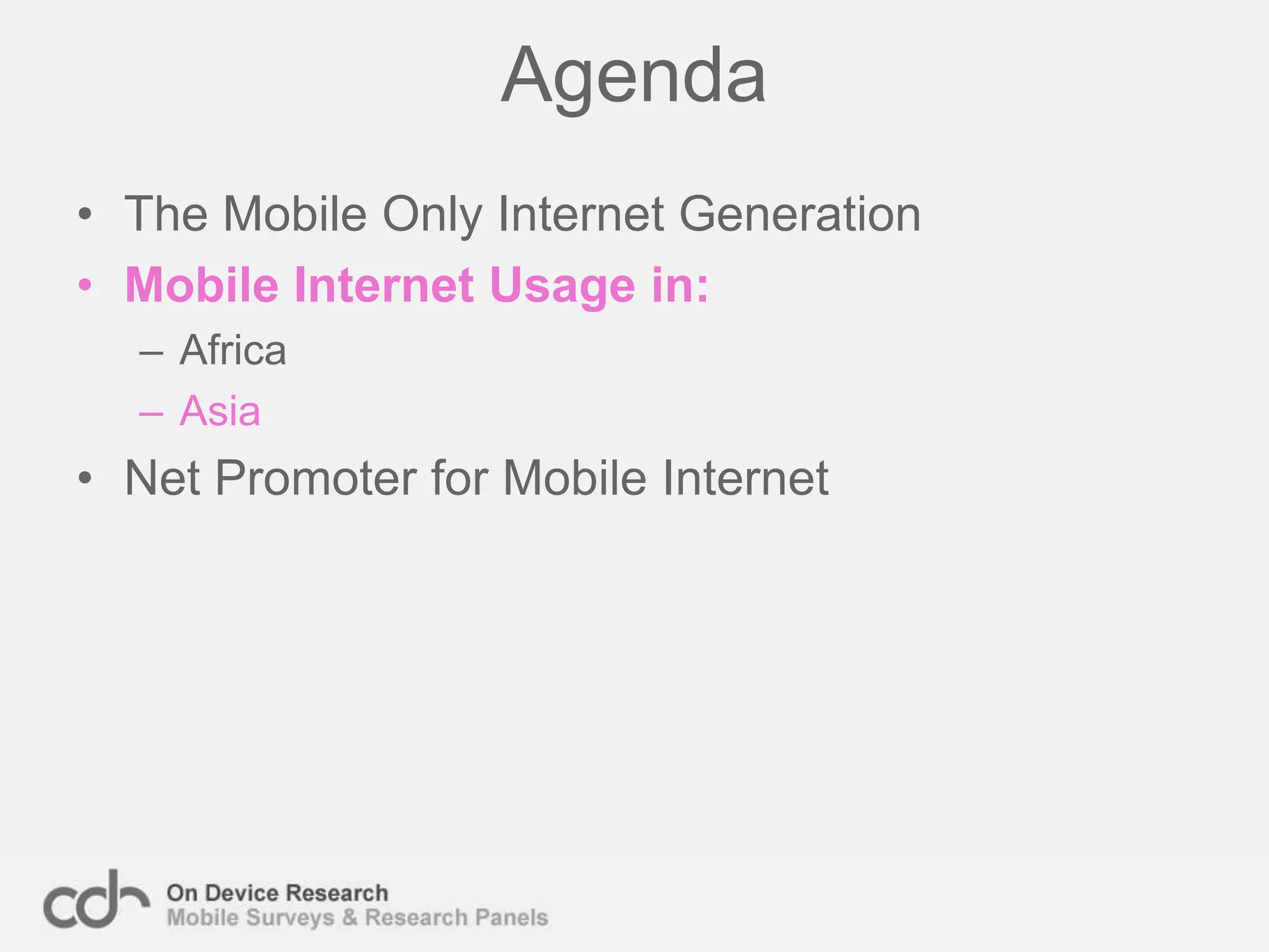 The Emerging markets opportunityThe new digital audience creates opportunities for brands, Internet, media and financial services companies. The following section highlights some of these:Internet Companies + Brands – There is an appetite for mobile friendly Internet services (email, social networking, news, etc) many of which are ad funded. Brands have a new opportunity to market to these users, reaching the previously unconnected emerging middle classes in developing countries.Media – Downloading content is extremely popular (games and music downloading are the top browsing genres in Africa). Media companies have the opportunity to market and sell directly on the device where the content will be consumed, to an audience who don’t have the option to download on PC.Financial – Many ‘Mobile Only’ browsers don’t have a back account (in India 57% of the ‘Mobile Only’ don’t have a bank account). All of these people have a billing relationship with their mobile operator, giving them the opportunity to purchase electronically for the first time.
