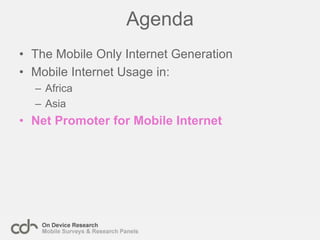 66% of Kenyan ‘mobile only’ users download mobile musicWith limited or no access to the desktop Internet for many in Africa, the mobile Internet provides a significant opportunity for media and content companies. 66% of the Kenyan ‘mobile only’ have downloaded music on their mobile, with almost half downloading games and videos.Countries: KenyaDate:  October 2010N= 1009