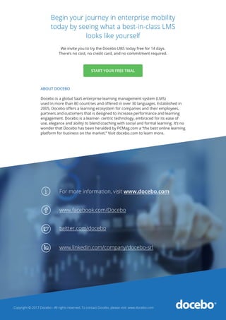 For more information, visit www.docebo.com
www.facebook.com/Docebo
twitter.com/docebo
www.linkedin.com/company/docebo-srl
START YOUR FREE TRIAL
Copyright © 2017 Docebo - All rights reserved. To contact Docebo, please visit: www.docebo.com
We invite you to try the Docebo LMS today free for 14 days.
There’s no cost, no credit card, and no commitment required.
ABOUT DOCEBO
Docebo is a global SaaS enterprise learning management system (LMS)
used in more than 80 countries and offered in over 30 languages. Established in
2005, Docebo offers a learning ecosystem for companies and their employees,
partners and customers that is designed to increase performance and learning
engagement. Docebo is a learner- centric technology, embraced for its ease of
use, elegance and ability to blend coaching with social and formal learning. It’s no
wonder that Docebo has been heralded by PCMag.com a “the best online learning
platform for business on the market.” Visit docebo.com to learn more.
Begin your journey in enterprise mobility
today by seeing what a best-in-class LMS
looks like yourself
 