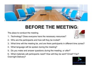 BEFORE THE MEETING:
The place to conduct the meeting.
1. Technology? Does everyone have the necessary resources?
2. Who are the participants and how will they be invited?
3. What time will the meeting be, and are there participants in different time zones?
4. What language will be spoken during the meeting?
5. Do you make and answer questions during the meeting, or after?
6. What materials will participants need? How will they be sent? Email? Fax?
Overnight Delivery?
 