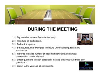 DURING THE MEETING
1.  Try to call or arrive a few minutes early.
2.  Introduce all participants.
3.  Follow the agenda.
4.  Be accurate, use examples to ensure understanding, recap and
summarize.
5.  Refer to the slide number or page number if you are using a
presentation previously sent.
6.  Direct questions to each participant instead of saying "Are there any
questions?"
7.  Listen to the views of all participants.
 