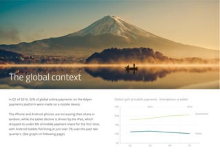 The global context
In Q1 of 2016, 32% of global online payments on the Adyen
payments platform were made on a mobile device.
The iPhone and Android phones are increasing their share in
tandem, while the tablet decline is driven by the iPad, which
dropped to under 8% of mobile payment share for the first time,
with Android tablets flat lining at just over 2% over the past two
quarters. (See graph on following page).
5%
10%
15%
20%
25%
Q2 Q3 Q4 Q1
Smartphone
2015 2016
Tablet
Global split of mobile payments - Smartphone vs tablet
 