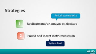 Strategies
                                 Reducing complexity


      1      Replicate and/or analyze on desktop



       2     Tweak and insert instrumentation

                            System level
 