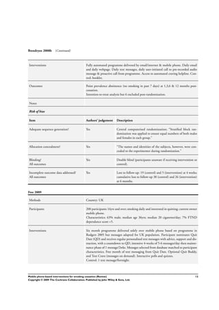 Brendryen 2008b (Continued)
Interventions Fully automated programme delivered by email/internet & mobile phone. Daily email
and daily webpage. Daily text messages, daily user-initiated call to pre-recorded audio
message & proactive call from programme. Access to automated craving helpline. Con-
trol: booklet.
Outcomes Point prevalence abstinence (no smoking in past 7 days) at 1,3,6 & 12 months post-
cessation.
Intention-to-treat analysis but 6 excluded post-randomization.
Notes
Risk of bias
Item Authors’ judgement Description
Adequate sequence generation? Yes Central computerised randomiszation; “Stratiﬁed block ran-
domization was applied to ensure equal numbers of both males
and females in each group.”
Allocation concealment? Yes “The names and identities of the subjects, however, were con-
cealed to the experimenter during randomization.”
Blinding?
All outcomes
Yes Double blind (participants unaware if receiving intervention or
control).
Incomplete outcome data addressed?
All outcomes
Yes Lost to follow-up: 19 (control) and 5 (intervention) at 4 weeks;
cumulative loss to follow-up 38 (control) and 26 (intervention)
at 6 months.
Free 2009
Methods Country: UK
Participants 200 participants 16yrs and over; smoking daily and interested in quitting; current owner
mobile phone.
Characteristics: 63% male; median age 36yrs; median 20 cigarettes/day; 7% FTND
dependance score >5.
Interventions Six month programme delivered solely over mobile phone based on programme in
Rodgers 2005 but messages adapted for UK population. Participant nominates Quit
Date (QD) and receives regular personalised text messages with advice, support and dis-
traction, with a countdown to QD, intensive 4-weeks of 5-6 messages/day then mainte-
nance phase of 1 message/2wks. Messages selected from database matched to participant
characteristics. Free month of text messaging from Quit Date. Optional Quit Buddy,
and Text Crave (messages on demand). Interactive polls and quizzes.
Control: 1 text message/fortnight.
12Mobile phone-based interventions for smoking cessation (Review)
Copyright © 2009 The Cochrane Collaboration. Published by John Wiley & Sons, Ltd.
 