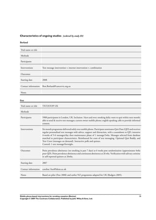 Characteristics of ongoing studies [ordered by study ID]
Borland
Trial name or title
Methods
Participants
Interventions Text message intervention v. internet intervention v. combination
Outcomes
Starting date 2008
Contact information Ron.Borland@cancervic.org.au
Notes
Free
Trial name or title TXT2STOP UK
Methods
Participants 5900 participants in London, UK. Inclusion: 16yrs and over; smoking daily; want to quit within next month;
able to send & receive text messages; current owner mobile phone; english speaking; able to provide informed
consent.
Interventions Sixmonth programme deliveredsolelyovermobile phone.Participantnominates QuitDate (QD)andreceives
regular personalised text messages with advice, support and distraction, with a countdown to QD, intensive
4-weeks of 5-6 messages/day then maintenance phase of 1 message/2wks. Messages selected from database
matched to participant characteristics. Reimbursed for costs of text messaging. Optional Quit Buddy, and
Text Crave (messages on demand). Interactive polls and quizzes.
Control: 1 text message/fortnight.
Outcomes Point prevalence abstinence (no smoking in past 7 days) at 6 weeks post randomization (approximates 4wks
post-QD).Pointprevalence abstinence andcontinuousabstinence at26 wks. Veriﬁcationwith salivarycotinine
in self-reported quitters at 26wks.
Starting date 2007
Contact information caroline˙free@lshtm.ac.uk
Notes Based on pilot (Free 2008) and earlier NZ programme adapted for UK (Rodgers 2005).
15Mobile phone-based interventions for smoking cessation (Review)
Copyright © 2009 The Cochrane Collaboration. Published by John Wiley & Sons, Ltd.
 