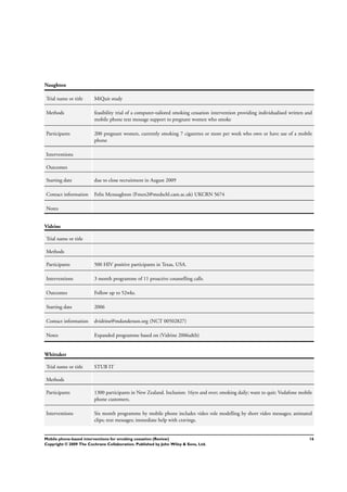 Naughton
Trial name or title MiQuit study
Methods feasibility trial of a computer-tailored smoking cessation intervention providing individualised written and
mobile phone text message support to pregnant women who smoke
Participants 200 pregnant women, currently smoking 7 cigarettes or more per week who own or have use of a mobile
phone
Interventions
Outcomes
Starting date due to close recruitment in August 2009
Contact information Felix Mcnaughton (Fmen2@medschl.cam.ac.uk) UKCRN 5674
Notes
Vidrine
Trial name or title
Methods
Participants 500 HIV positive participants in Texas, USA.
Interventions 3 month programme of 11 proactive counselling calls.
Outcomes Follow up to 52wks.
Starting date 2006
Contact information dvidrine@mdanderson.org (NCT 00502827)
Notes Expanded programme based on (Vidrine 2006a&b)
Whittaker
Trial name or title STUB IT
Methods
Participants 1300 participants in New Zealand. Inclusion: 16yrs and over; smoking daily; want to quit; Vodafone mobile
phone customers.
Interventions Six month programme by mobile phone includes video role modelling by short video messages; animated
clips; text messages; immediate help with cravings.
16Mobile phone-based interventions for smoking cessation (Review)
Copyright © 2009 The Cochrane Collaboration. Published by John Wiley & Sons, Ltd.
 