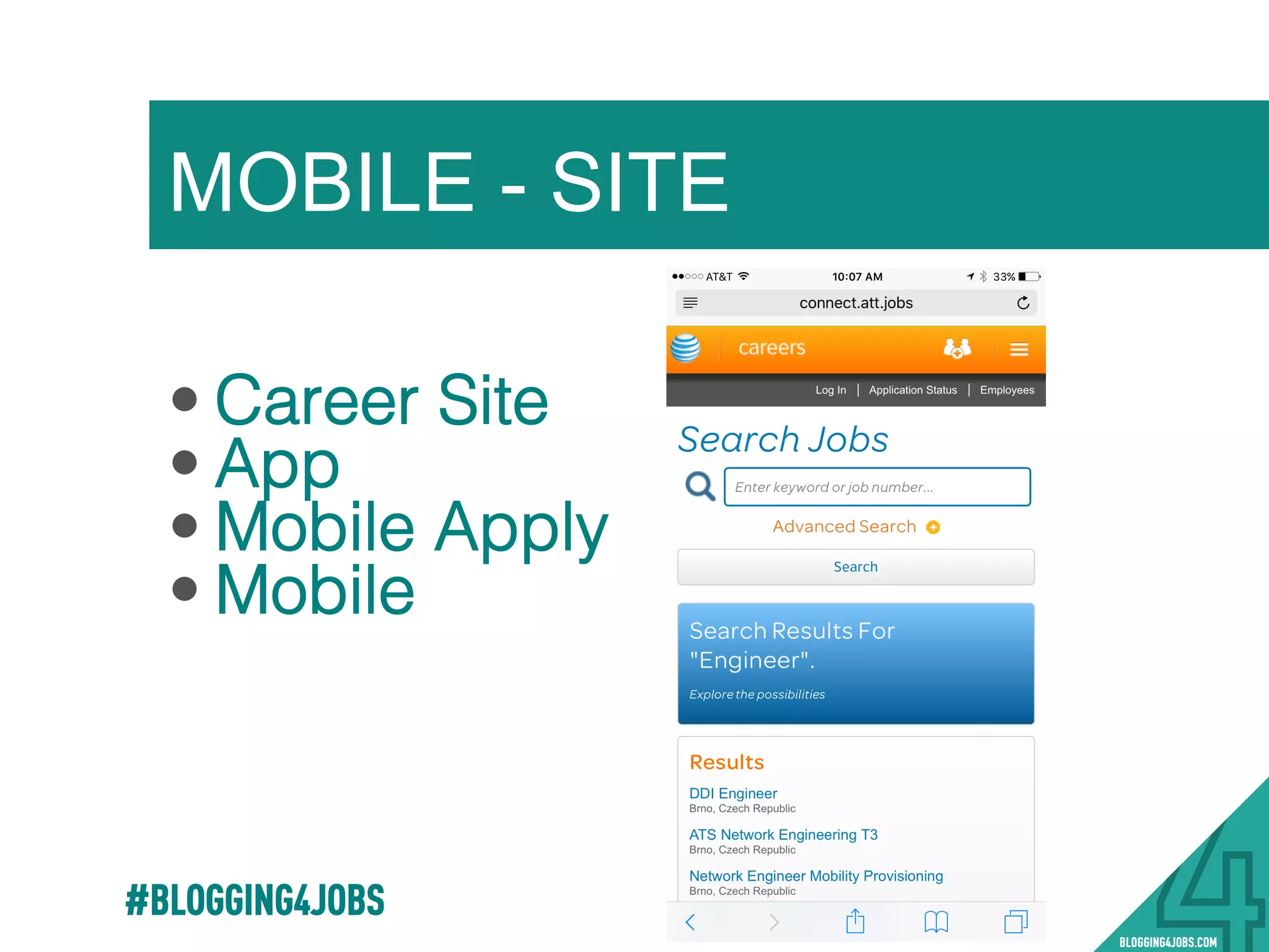 MOBILE - SITE
#BLOGGING4JOBS
• Career Site!
• App !
• Mobile Apply !
• Mobile !
 
