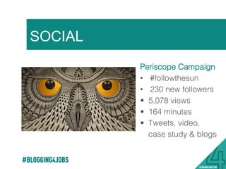 #BLOGGING4JOBS
SOCIAL
Periscope Campaign!
•  #followthesun!
•  230 new followers!
•  5,078 views!
•  164 minutes!
•  Tweets, video,
case study & blogs !
 