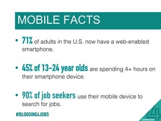 •  71% of adults in the U.S. now have a web-enabled
smartphone. !
•  45% of 13-24 year olds are spending 4+ hours on
their smartphone device.!
•  90% of job seekers use their mobile device to
search for jobs. !
MOBILE FACTS
#BLOGGING4JOBS
 