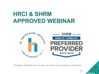 HRCI & SHRM
APPROVED WEBINAR
!
!
!
!
!
!
!
Program numbers sent to you via email upon program completion. !
3
 