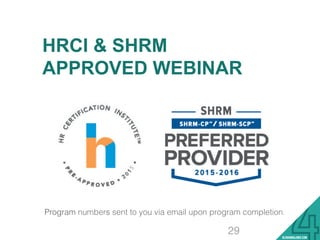 HRCI & SHRM
APPROVED WEBINAR
!
!
!
!
!
!
!
Program numbers sent to you via email upon program completion. !
29
 