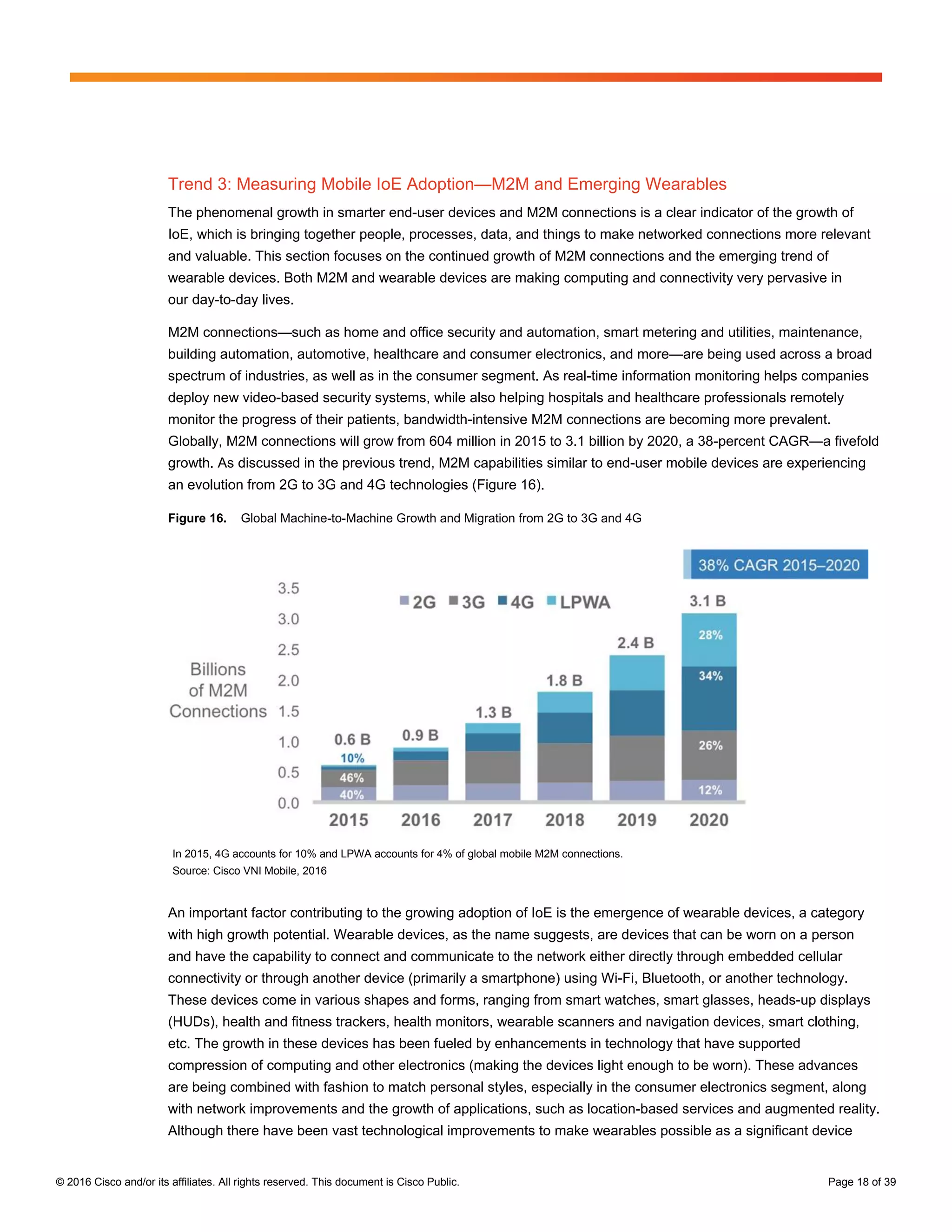 © 2016 Cisco and/or its affiliates. All rights reserved. This document is Cisco Public. Page 18 of 39
Trend 3: Measuring Mobile IoE Adoption—M2M and Emerging Wearables
The phenomenal growth in smarter end-user devices and M2M connections is a clear indicator of the growth of
IoE, which is bringing together people, processes, data, and things to make networked connections more relevant
and valuable. This section focuses on the continued growth of M2M connections and the emerging trend of
wearable devices. Both M2M and wearable devices are making computing and connectivity very pervasive in
our day-to-day lives.
M2M connections—such as home and office security and automation, smart metering and utilities, maintenance,
building automation, automotive, healthcare and consumer electronics, and more—are being used across a broad
spectrum of industries, as well as in the consumer segment. As real-time information monitoring helps companies
deploy new video-based security systems, while also helping hospitals and healthcare professionals remotely
monitor the progress of their patients, bandwidth-intensive M2M connections are becoming more prevalent.
Globally, M2M connections will grow from 604 million in 2015 to 3.1 billion by 2020, a 38-percent CAGR—a fivefold
growth. As discussed in the previous trend, M2M capabilities similar to end-user mobile devices are experiencing
an evolution from 2G to 3G and 4G technologies (Figure 16).
Figure 16. Global Machine-to-Machine Growth and Migration from 2G to 3G and 4G
In 2015, 4G accounts for 10% and LPWA accounts for 4% of global mobile M2M connections.
Source: Cisco VNI Mobile, 2016
An important factor contributing to the growing adoption of IoE is the emergence of wearable devices, a category
with high growth potential. Wearable devices, as the name suggests, are devices that can be worn on a person
and have the capability to connect and communicate to the network either directly through embedded cellular
connectivity or through another device (primarily a smartphone) using Wi-Fi, Bluetooth, or another technology.
These devices come in various shapes and forms, ranging from smart watches, smart glasses, heads-up displays
(HUDs), health and fitness trackers, health monitors, wearable scanners and navigation devices, smart clothing,
etc. The growth in these devices has been fueled by enhancements in technology that have supported
compression of computing and other electronics (making the devices light enough to be worn). These advances
are being combined with fashion to match personal styles, especially in the consumer electronics segment, along
with network improvements and the growth of applications, such as location-based services and augmented reality.
Although there have been vast technological improvements to make wearables possible as a significant device
 