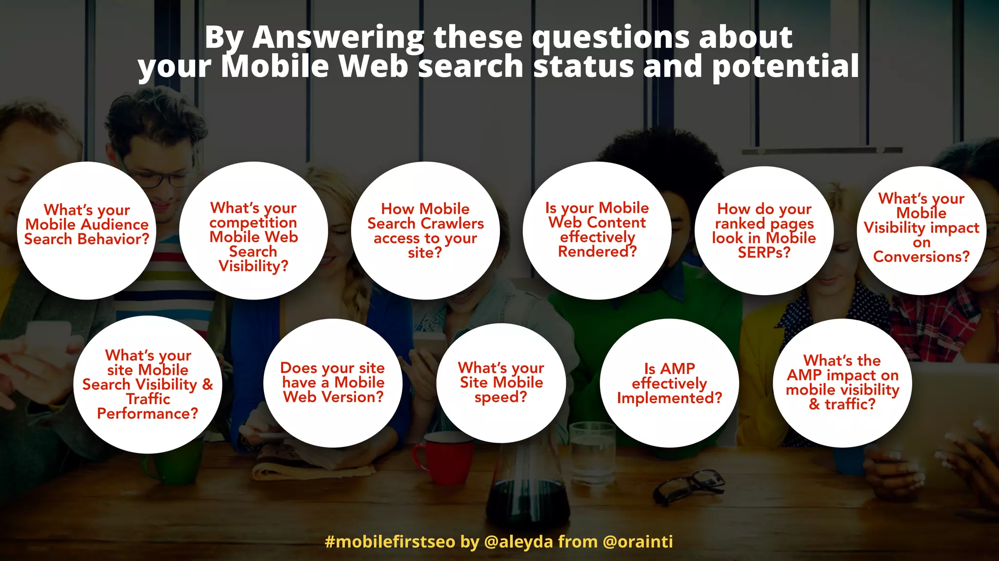#mobileﬁrstseo by @aleyda from @orainti
By Answering these questions about  
your Mobile Web search status and potential
What’s your
Mobile Audience
Search Behavior?
What’s your
site Mobile
Search Visibility &
Traffic
Performance?
What’s your
competition
Mobile Web
Search
Visibility?
Does your site
have a Mobile
Web Version?
How Mobile
Search Crawlers
access to your
site?
What’s your
Site Mobile
speed?
Is your Mobile
Web Content
effectively
Rendered?
Is AMP
effectively
Implemented?
How do your
ranked pages
look in Mobile
SERPs?
What’s the
AMP impact on
mobile visibility
& traffic?
What’s your
Mobile
Visibility impact
on
Conversions?
 