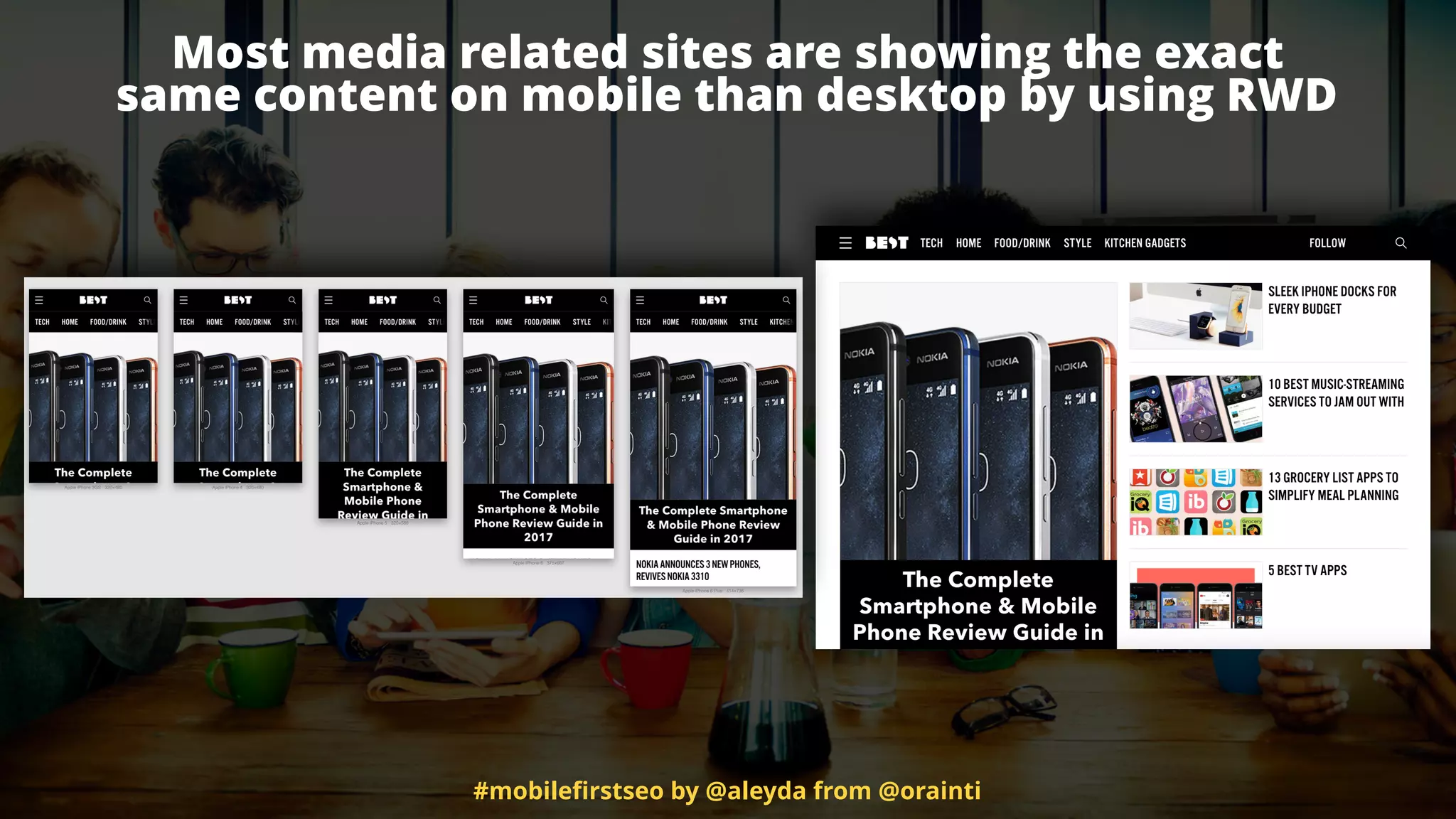 #mobileﬁrstseo by @aleyda from @orainti
Most media related sites are showing the exact  
same content on mobile than desktop by using RWD
 