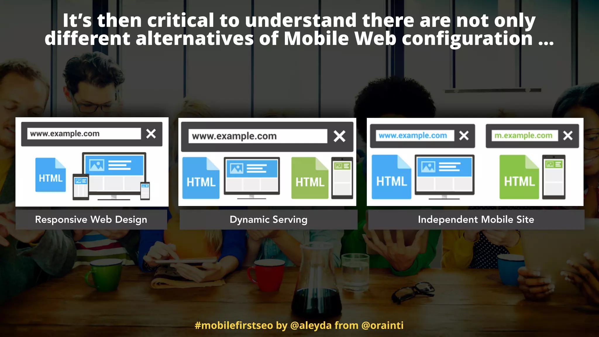 #mobileﬁrstseo by @aleyda from @orainti
Responsive Web Design Dynamic Serving Independent Mobile Site
It’s then critical to understand there are not only  
diﬀerent alternatives of Mobile Web conﬁguration …
 