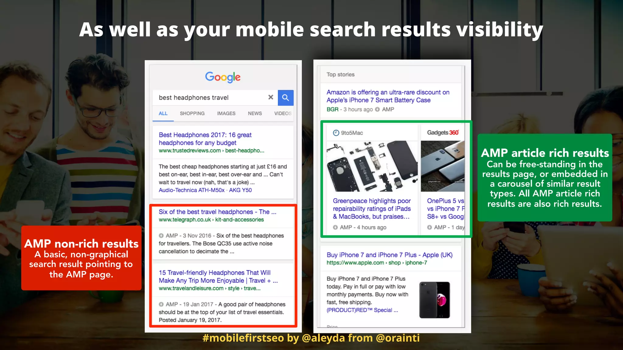 #mobileﬁrstseo by @aleyda from @orainti
As well as your mobile search results visibility
AMP article rich results 
Can be free-standing in the
results page, or embedded in
a carousel of similar result
types. All AMP article rich
results are also rich results.
AMP non-rich results 
A basic, non-graphical
search result pointing to
the AMP page.
 
