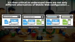 #mobileﬁrstseo by @aleyda from @orainti
Responsive Web Design Dynamic Serving Independent Mobile Site
It’s then critical to understand there are not only  
diﬀerent alternatives of Mobile Web conﬁguration …
 
