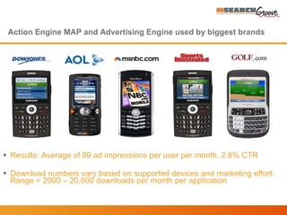 Action Engine MAP and Advertising Engine used by biggest brands Results: Average of 99 ad impressions per user per month, 2.8% CTR Download numbers vary based on supported devices and marketing effort: Range = 2000 – 20,000 downloads per month per application Action Engine Proprietary and Confidential 