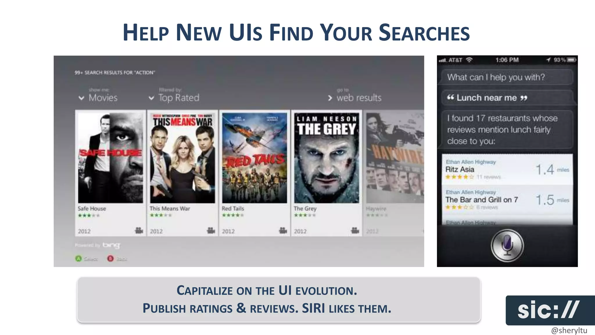 HELP NEW UIS FIND YOUR SEARCHES




       CAPITALIZE ON THE UI EVOLUTION.
 PUBLISH RATINGS & REVIEWS. SIRI LIKES THEM.
                                               @sheryltu
 
