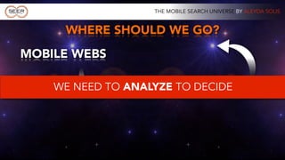 THE MOBILE SEARCH UNIVERSE BY ALEYDA SOLIS


     WHERE SHOULD WE GO?
MOBILE WEBS

                           MOBILE APPS
    WE NEED TO ANALYZE TO DECIDE
 