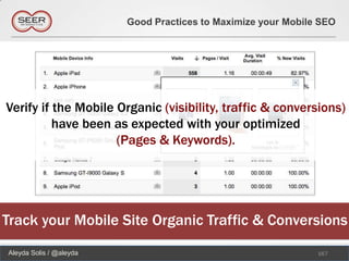 Good Practices to Maximize your Mobile SEO




Verify if the Mobile Organic (visibility, traffic & conversions)
          have been as expected with your optimized
                     (Pages & Keywords).




Track your Mobile Site Organic Traffic & Conversions
Aleyda Solis / @aleyda                                         167
 